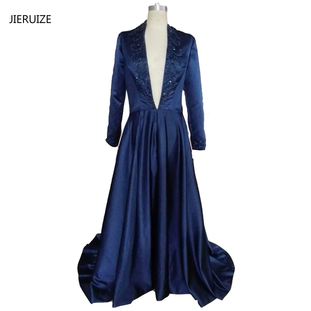 JIERUIZE темно-синие длинные рукава Длинные вечерние платья с карманом глубокий v-образный вырез элегантные вечерние платья robe de soiree