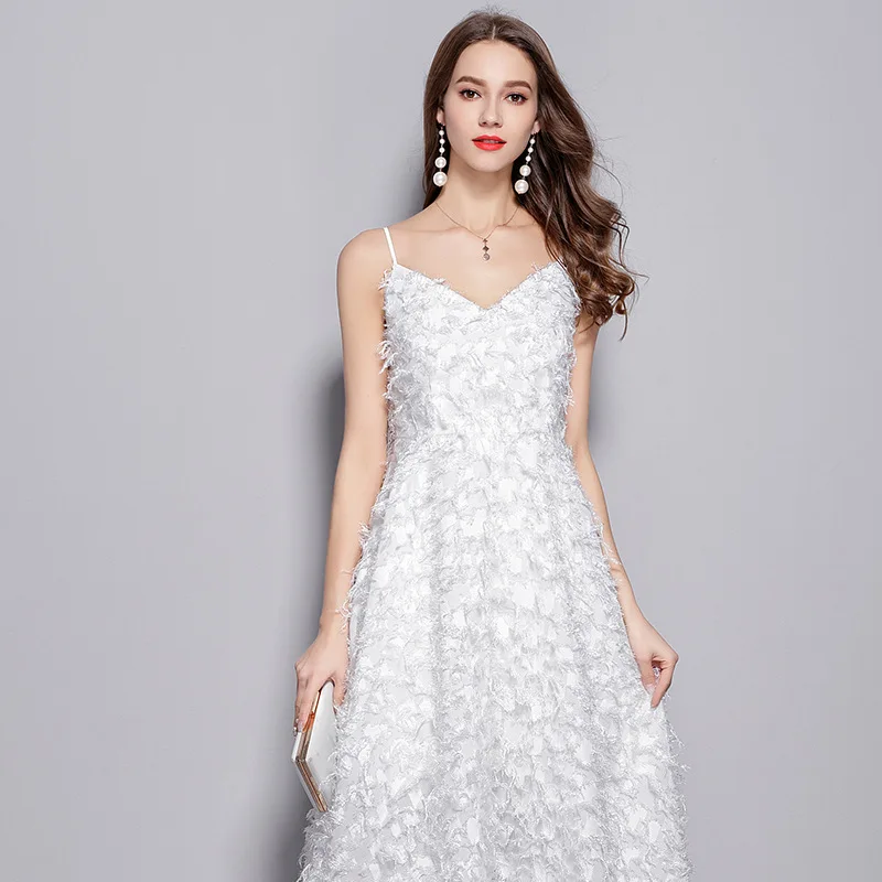 Белые вечерние платья с кисточками на бретельках с v-образным вырезом, Длинное Элегантное сексуальное летнее платье феи с перьями, женское рождественское Платье vestidos De Fiesta