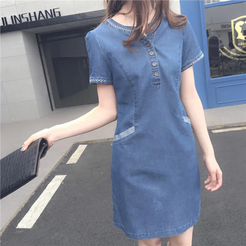QMGOOD Summer Dresses Women 2019 New Korean Denim Dress for Women Casual Solid Jeans Dress Sexy Denim Mini Dress Plus Size XXL