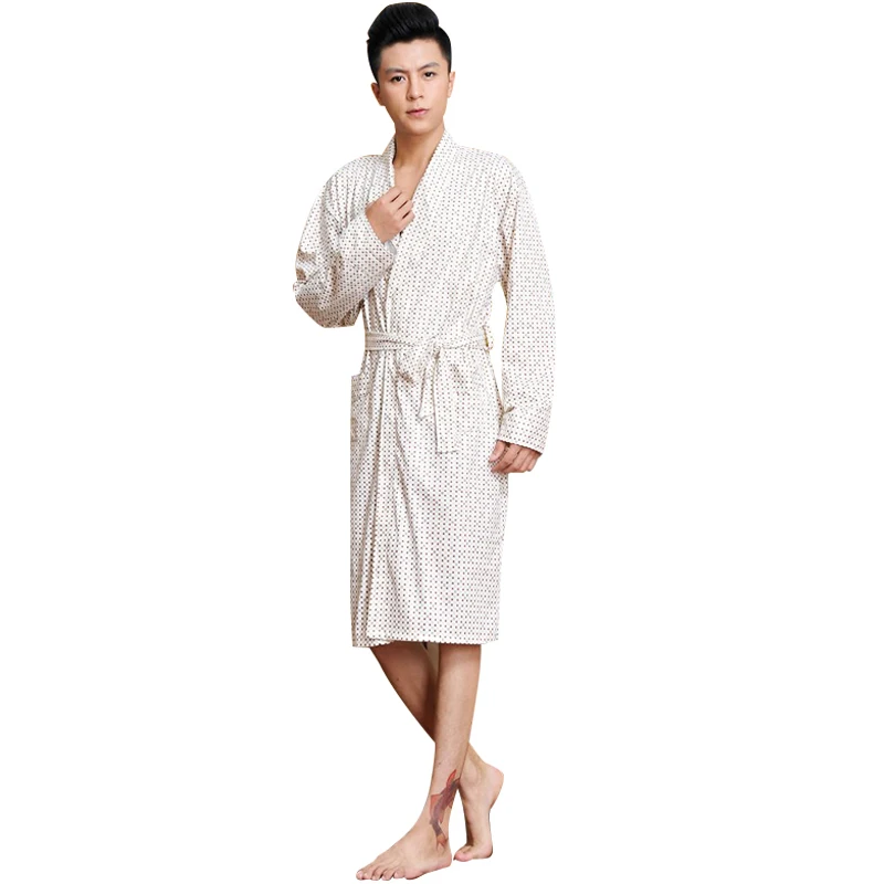 Spring New Fashion Casual Male Cotton Thin Long Sleeve Plaid Bath Robe