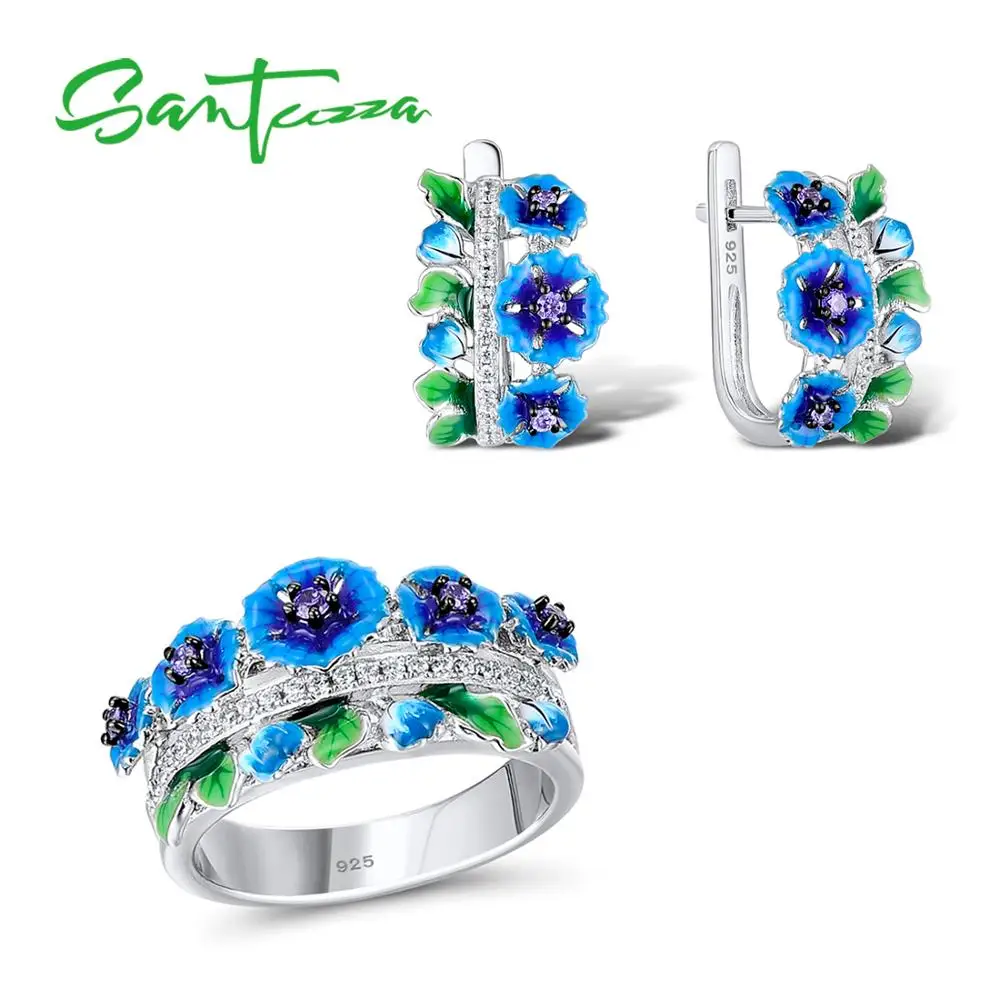 

Santuzza Jewelry Set HANDMADE Enamel Blue Flower Dark Purple CZ Stones Ring Earrings 925 Sterling Silver Women Jewelry Set