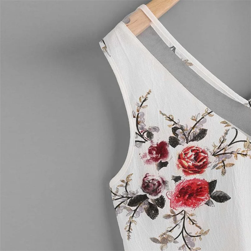 Женская шифоновая блузка с v-образным вырезом, сетчатые Лоскутные Повседневные топы, блузка с цветочным принтом, модная женская летняя одежда без рукавов* 50