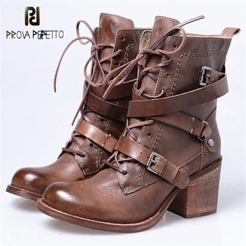 

Prova Perfetto Wine Red Round Toe Chunky High Heel Boots Retro Genuine Leather Buckle Strap Cross-tied Short Women Martin Boots