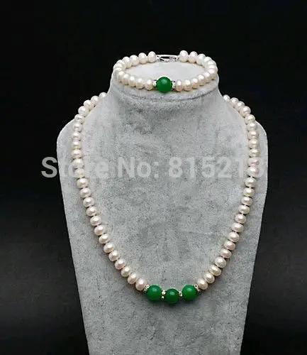 

Free shipping ddh001007 8-9MM AAA NATURAL WHTIE PEARL&GREEN NECKLACE&BRACELET SETS