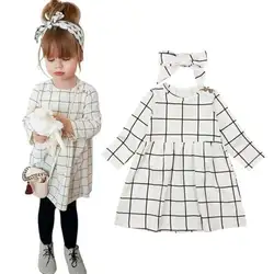 Платье для маленьких девочек элегантная одежда для малышей девушки хлопка с длинным рукавом Клетчатое платье покроя "принцесс"