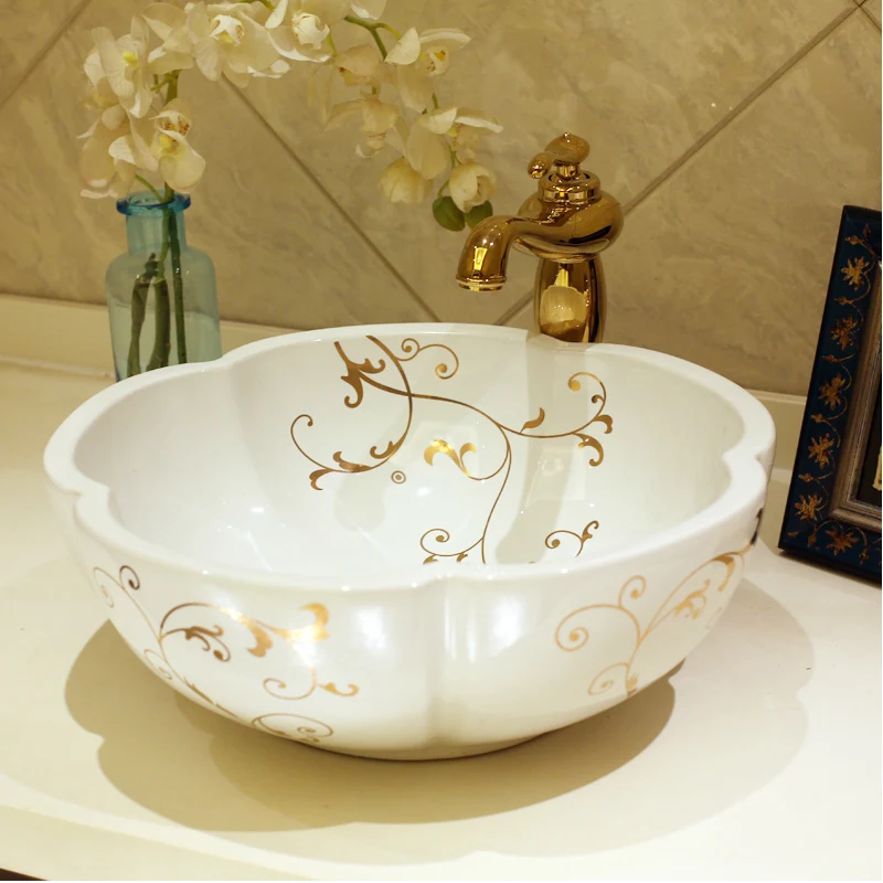 Flower Shape Europe style chinese wash basin vessel sinks Jingdezhen