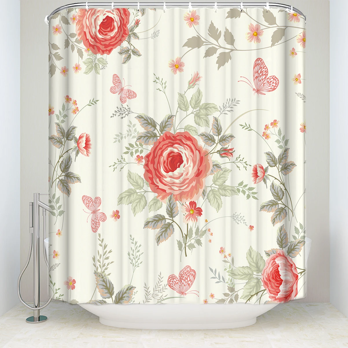 New Waterproof Roses and Butterflies Shower Curtain with Hooks