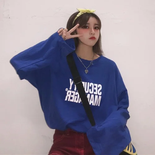 Футболки HARAJUKU женские свободные оверсайз с буквенным принтом, длинный рукав, простая универсальная Корейская футболка в стиле хип-хоп, полосатые синие Топы - Цвет: Xian 1993