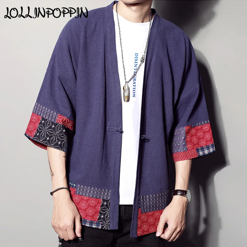 

Men Retro Spring Jacket Linen & Cotton Mens Kimono Coat Frog Closure Single Button Bohemian Printed Pattern Chinese Style Jacket