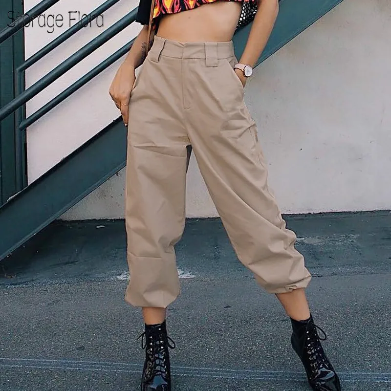 

Storage Flora 2018 Casual High Waist Harem Pants OL Pockets Elastic Women Khaki Black Full Length Trousers Female Trend Capris