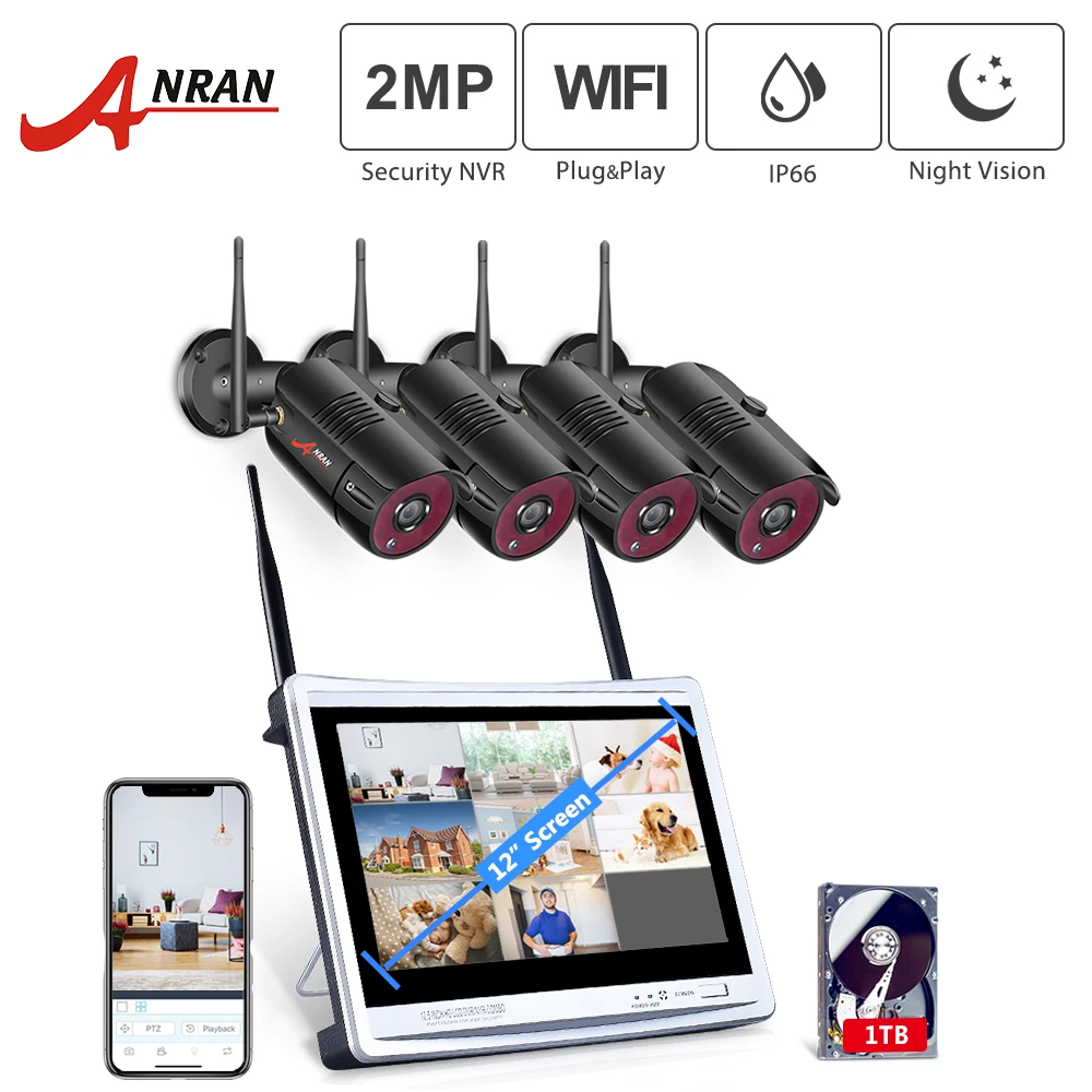 

ANRAN 1080P 4CH Home Security Camera System Waterproof Outdoor Night Vision WiFi IP Camera with 12 Inch Monitor NVR Kits