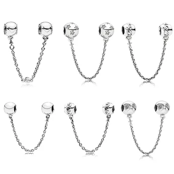 

6 Style 925 Sterling Silver Heart With Bow Diy Safety Chain For Original Pandora Charms Women Bracelets & Bangles Jewelry