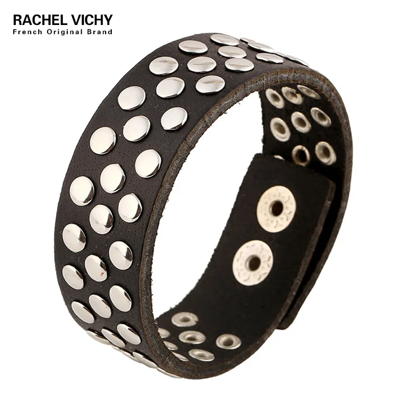 

RACHEL VICHY Unique Full Rivet Stud Wide Cuff Genuine Leather Punk Gothic Rock Unisex Bangle Bracelet Men Women Jewelry P01637