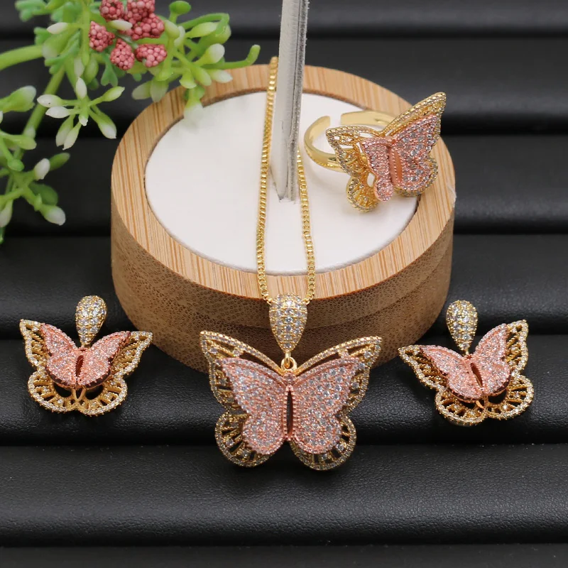 

Fateama jewelry set Stereo Graceful Butterfly Luxury Necklace with Earrings and Ring for Engagement pave setting fashion jewelry