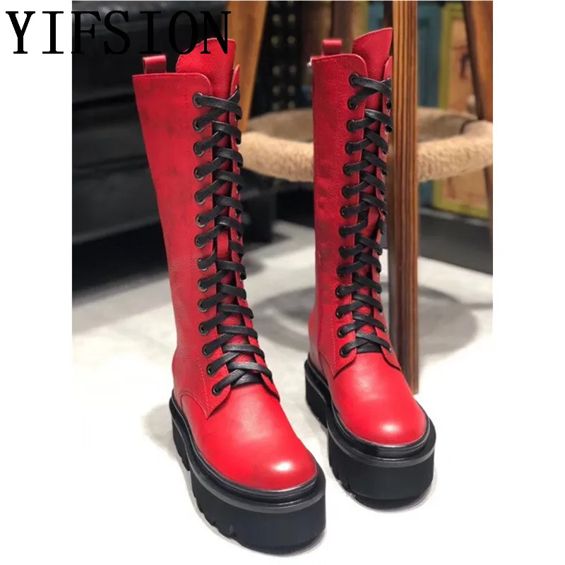 

OLOME New Black Genuine Leather Women Knee High Boots Round Toe Cross Tied Chunky Low Heel Women Autumn Boots Shoes Woman