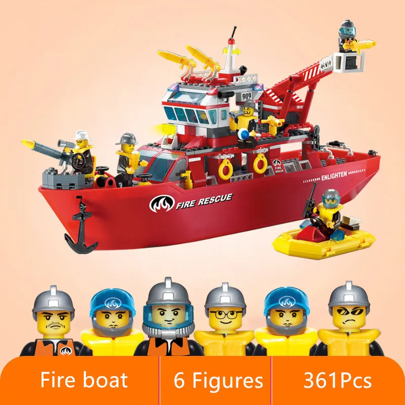 ENLIGHTEN 359Pcs Fire Rescue Multi-Function Boat Crane Fireman Assemble Model Building Blocks action figure toys for children