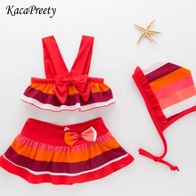 В красно-белую полоску купальник-бикини для девочек, летнее платье с милыми бантиками; большие размеры на голову, комплект из 3 предметов для детей ясельного возраста; купальный костюм для малышей; Одежда для пляжа для детей купальный костюм детская одежда 2-6Yrs