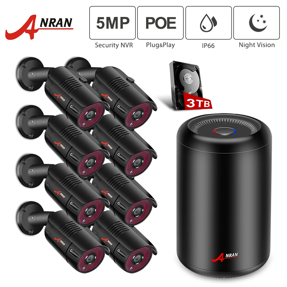 

ANRAN 5MP HD 8CH Waterproof IP Night Vision POE Cameras Cylindrical NVR Outdoor Surveillance System with 3TB HDD Pre-installed