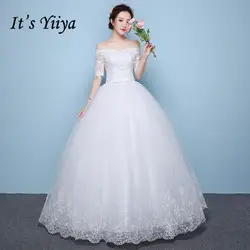Это YiiYa свадебное платье, с вырезом лодочкой Половина рукава пол Длина белые торжественные платья вышивка на шнуровке, для невесты бальное