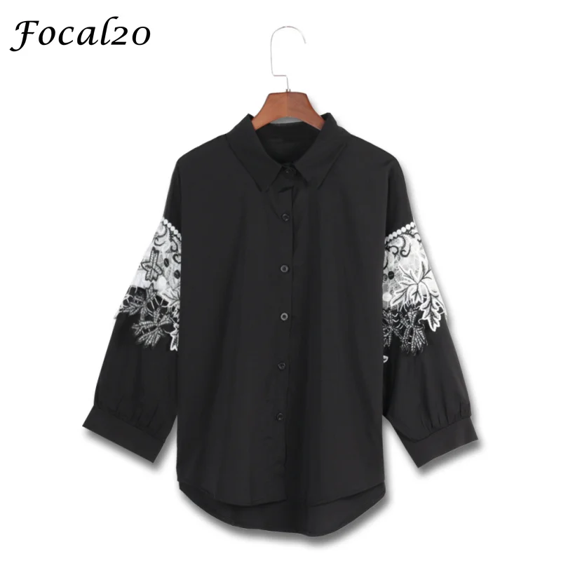 

Focal20 Casual Lace Trim Patchwork Women Blouse Shirt Spring Long Sleeve Irregular Hem Loose Female Blouse Top Streetwear