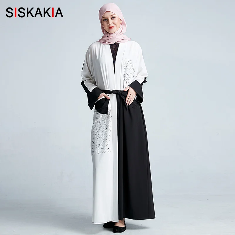 

Siskakia Fashion Black White Contrast Color Block Patchwork Women Abaya Autumn Fall 2018 Cardigan Muslimah kaftans & Jubah Arab
