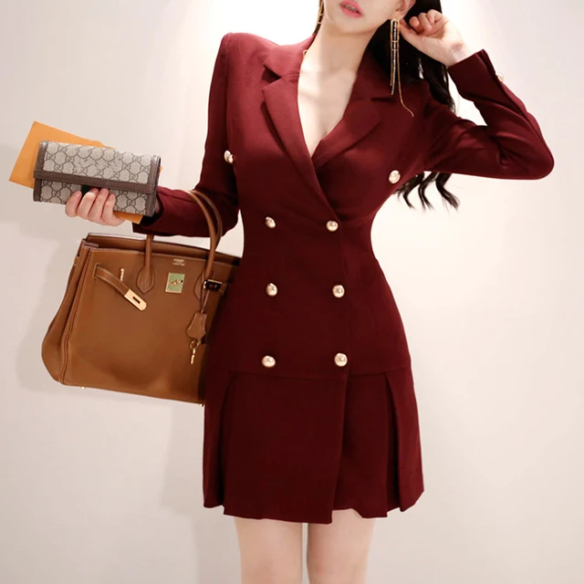 Sexy Wine Red Double Breasted Women Blazers Suit Women Notched Neck