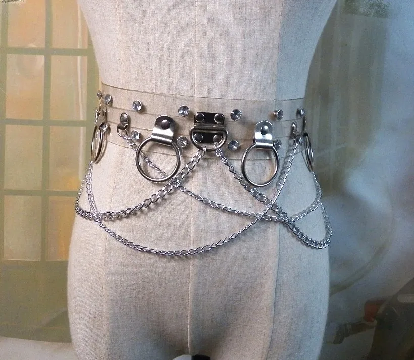 

100% Handmade Cosplay Fashion Sexy Leather Waist Belt Harness Punk Gothic Circle Chain Metal Link Waist Belt Straps for Women