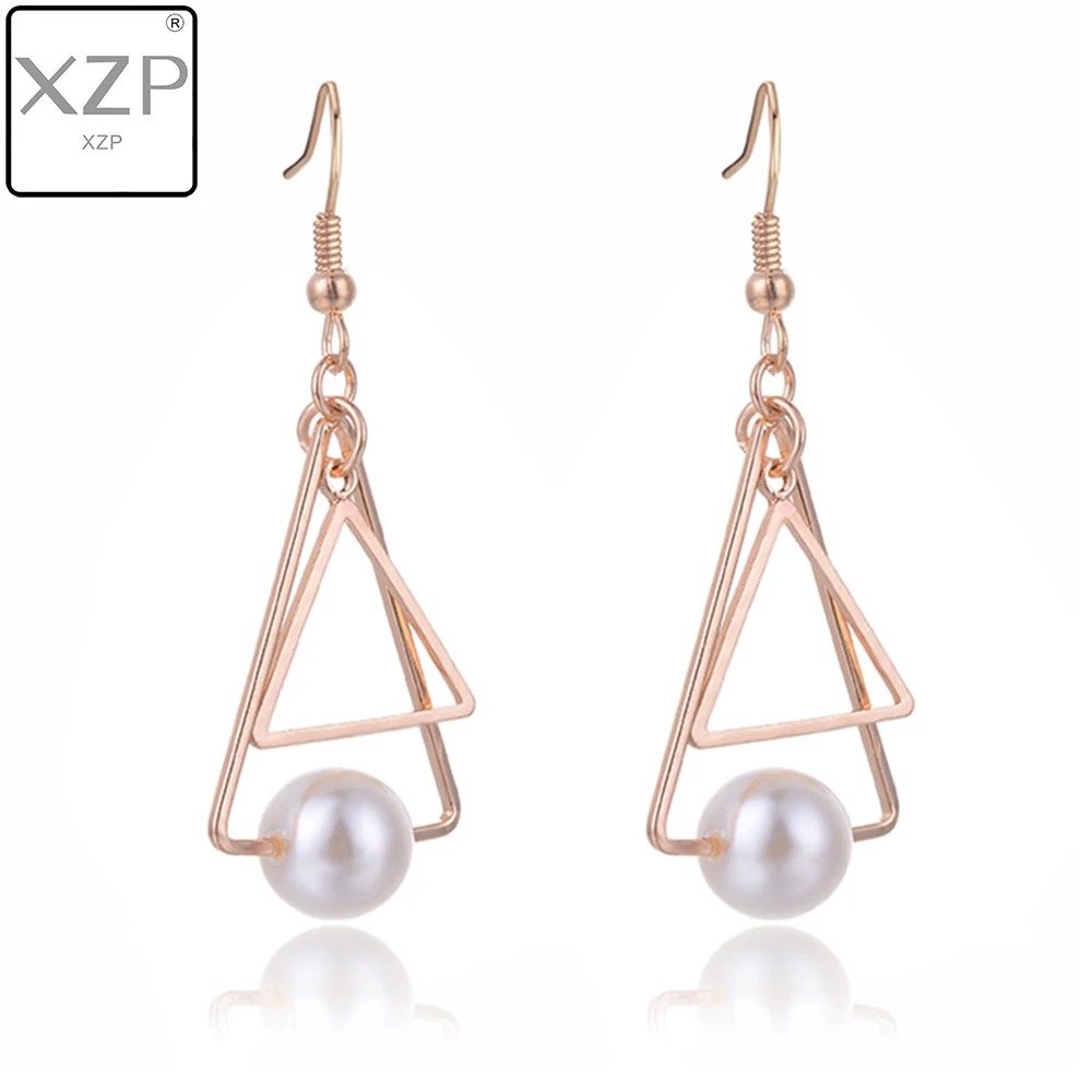 

XZP Korean Pendant Drop Earring Hollow Out Triangle Round Simulated Pearl Beads Charms Earrings For Woman Girls Ear Jewelry