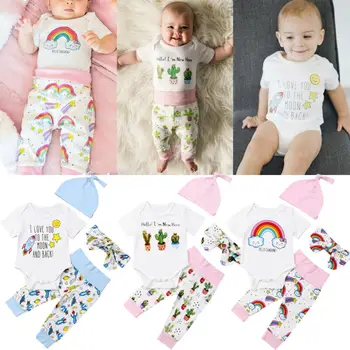 

0-18M 4PCS Set Newborn Baby Girl Boy Clothes Set Cartoon Rainbow Rocket Cactus Romper Tops Pants Leggings Outfits