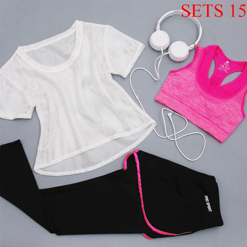 Women Sportwear 3 Pieces Suits Fitness Yoga Set T-Shirt&Bra&Shorts Sport Set Gym Clothes Sport Wear Training Suit Running,ZF197 - Цвет: Sets 15