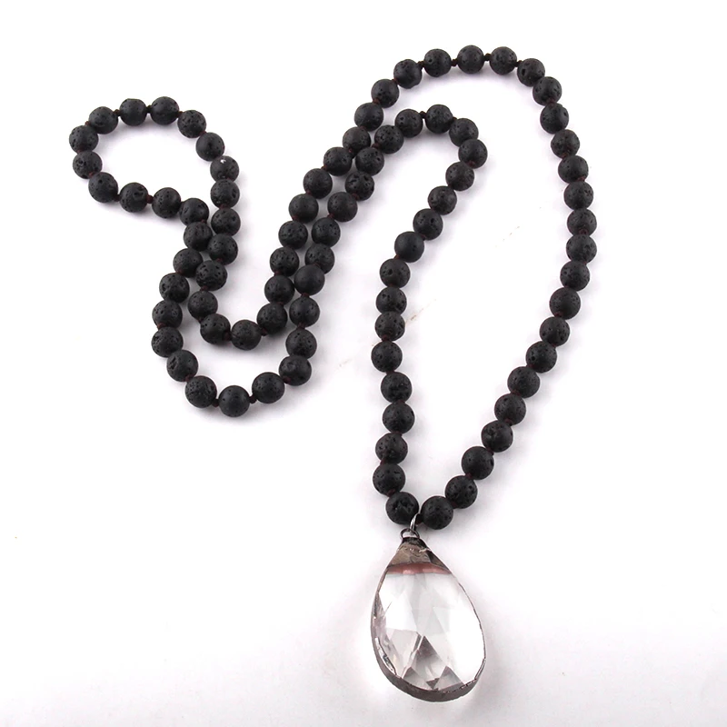 

MOODPC Fashion Bohemian Jewelry Lava Stone Long Knotted Glass Drop Pendant Necklaces