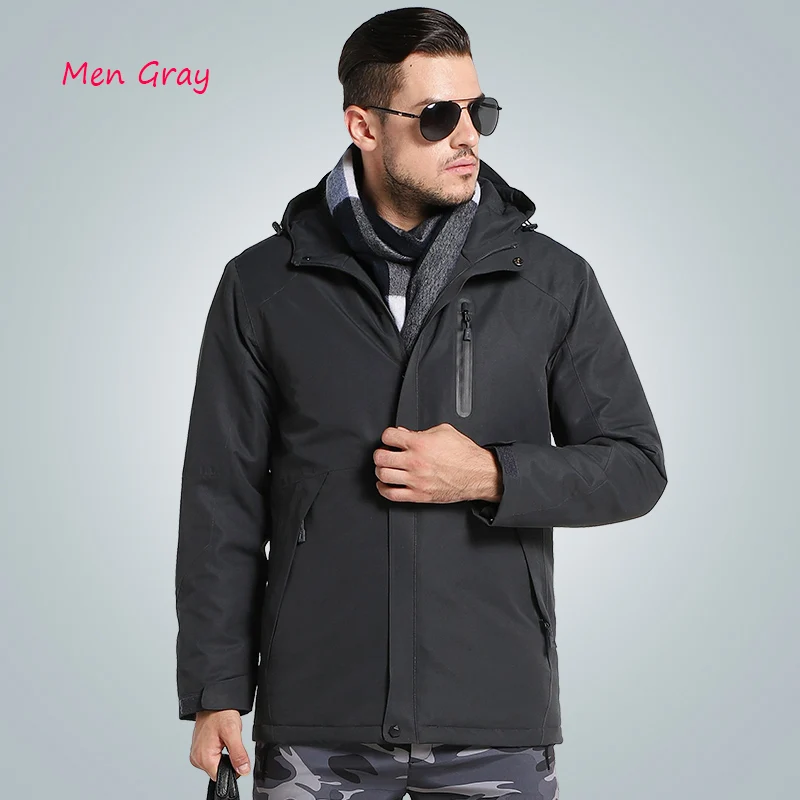 Мужские и женские зимние толстые хлопковые куртки с USB подогревом, водонепроницаемая ветровка для походов, скалолазания, лыжного спорта - Цвет: Men Gray
