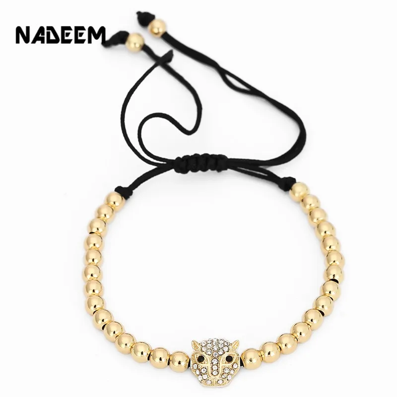 

Fashion Men Punk Weave Copper Beads Bracelets Micro Pave CZ Leopard Head Braiding Macrame Charm Bracelets For Women Jewelry Gift