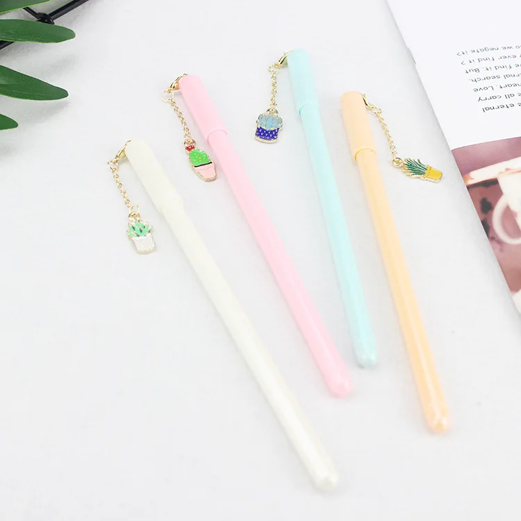 4 pcs/lot Colorful Metal Cactus Pendant Gel Pen Signature Pen Escolar Papelaria School Office Supply Promotional Gift