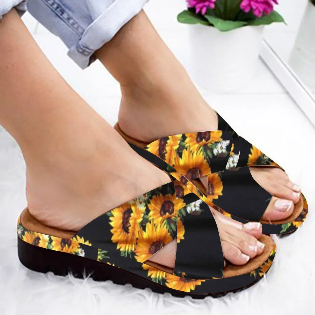 

women sandals 2020 summer Womens Fashion casual Flats Sunflower Printing Wedges Open Toe Beach Shoes Roman Slippers Sandals