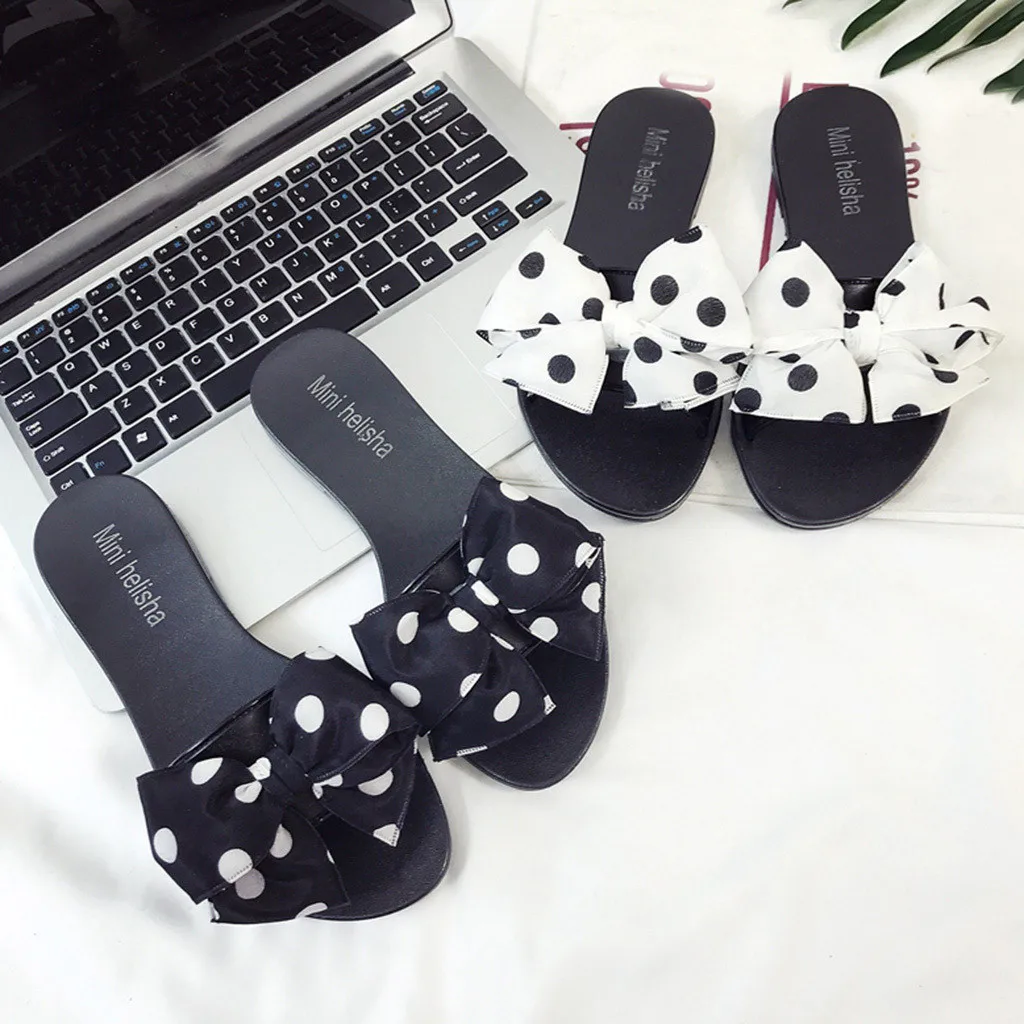 

New 2019 Summer Beach Flip Flops Sandals Women's Slippers Female Flat Sandals Flip Flops Bowknot Polka Dot Outdoor Shoes 15