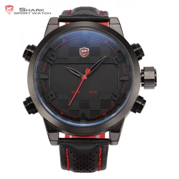 

Brand SHARK Sport Watch LED Stainless Steel Case Dual Time Date Alarm Leather Strap Relogio Quartz Men Digital Watches / SH203