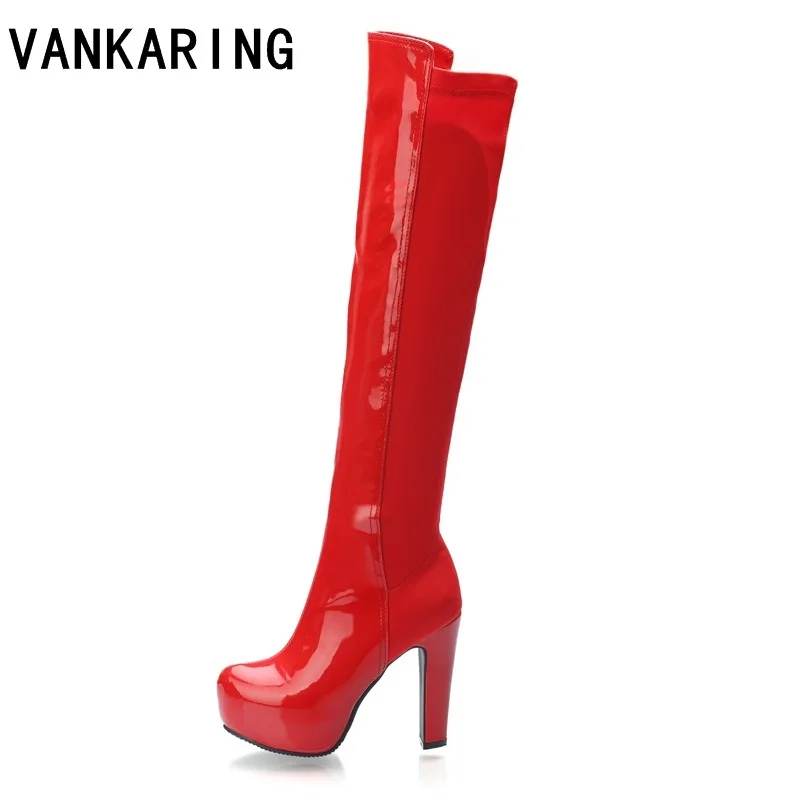 

VANKARING classic patent leather elasticity knee high boots for women high heels custom color ladies autumn winter brand shoes