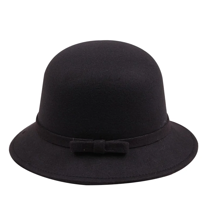 New Solid Fedoras For Girls Kids Beanie Hats With Bow Cute Children Wool Fedoras Hat 2017Autumn Winter Lovely Girls Accessories (6)