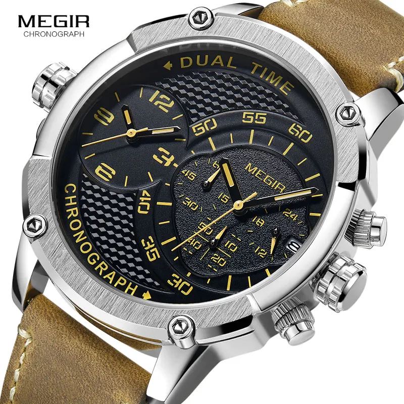 MEGIR мужские спортивные кварцевые часы с кожаным ремешком и хронографом, модные армейские водонепроницаемые наручные часы с двойным часовым поясом для мужчин 2093GBN