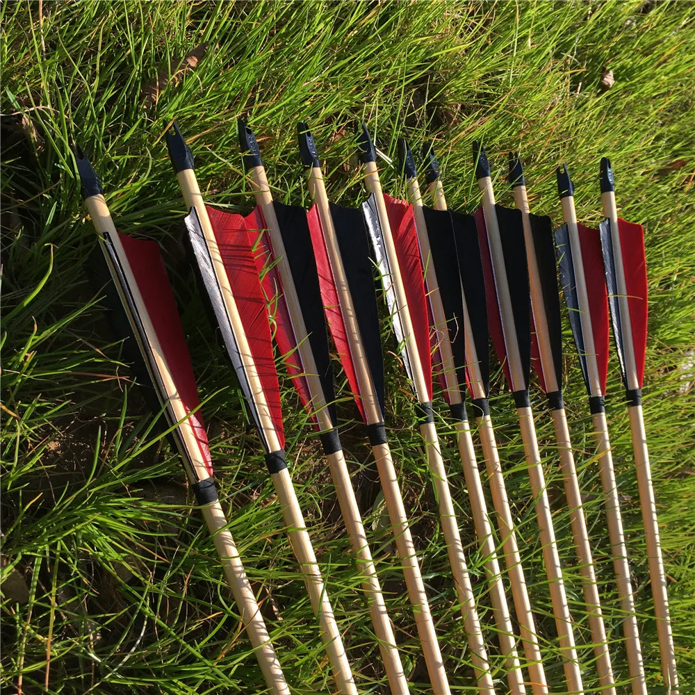 Günstige 6 12 24PCS Schwarz rot Türkei Feder Traditionellen Handgemachten Holz Pfeile 32   Outdoor Schießen Bogenschießen