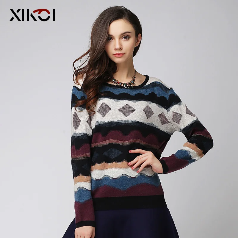 XIKOI Women Sweaters Fashion Casual O-Neck Thick Rhombus Print Pullovers Long Sleeve Computer Knitted Sweater | Женская одежда