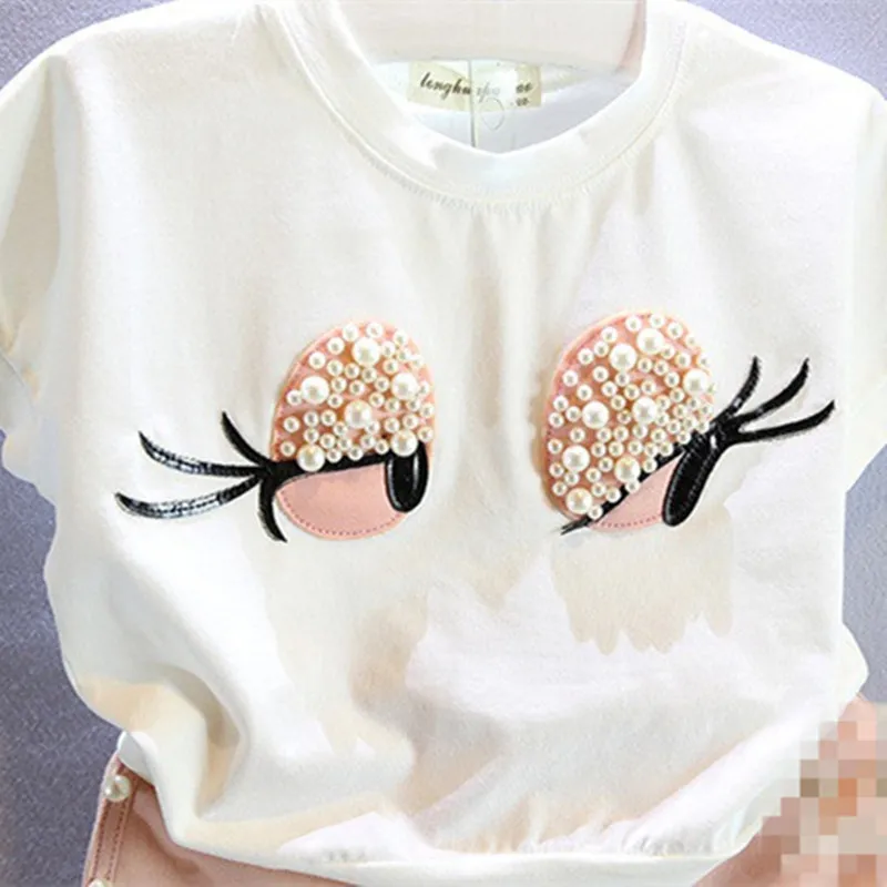 2016 New Summer Kids Sets Girls Clothes Set Fashion Pearl Big Eye Lashes Short Sleeve Top Shors Suit Girls Clothing Ses 2-7Y