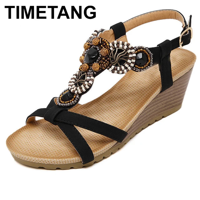 TIMETANG New Arrival Women Sandals Wedges Shoes Casual Shoes Women Beading Bohemia Fahion High Heels Plus Size 35-40 Free C054