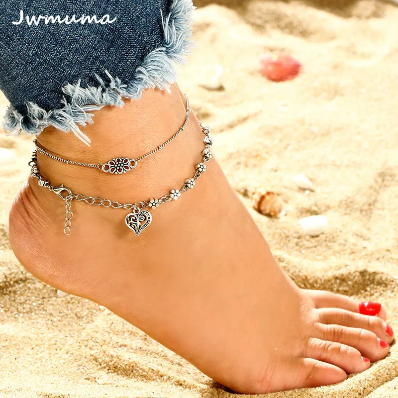 

New Geometric Love Flower Anklets Double-decker Beach Women's Anklet Bracelet on The Leg for Women Foot Jewelry Friend Gift