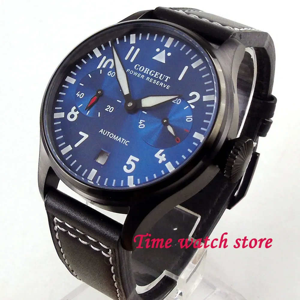 

42mm Corgeut power reserve watch men PVD royal black plated steel leather strap blue dial luminous date Auto wrist watch men 124