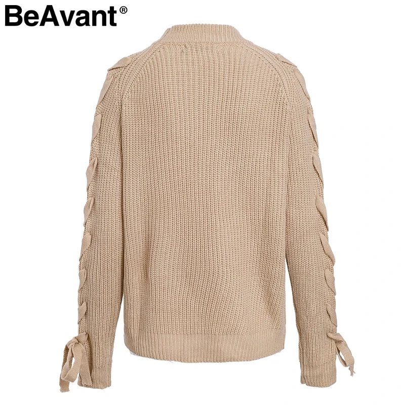 Lace up knitted sweater women jumper O neck casual autumn winter sweater 2018 Short pullover sweaters ladies pull femme