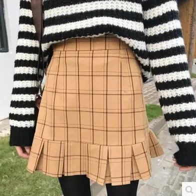 Корейские весенние юбки в клетку с оборками для колледжа - Цвет: brown