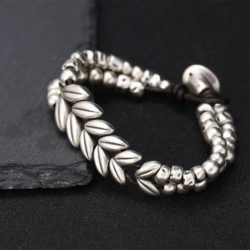 Creative Wheat ears Weave Leather rope Charm Bracelets Bangle Real 925 Sterling Silver Women friendship Bracelet Jewelry B7