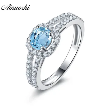 

AINUOSHI Natural Blue Topaz Square Halo Ring 0.63ct Round Cut 925 Sterling Silver Jewelry Gemstone Ring Engagement Wedding Ring
